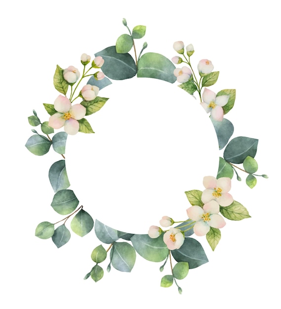 Watercolor vector wreath with green eucalyptus leaves jasmine flowers and branches