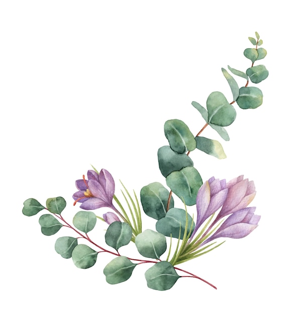 Vector watercolor vector wreath with green eucalyptus leaves purple flowers and branches