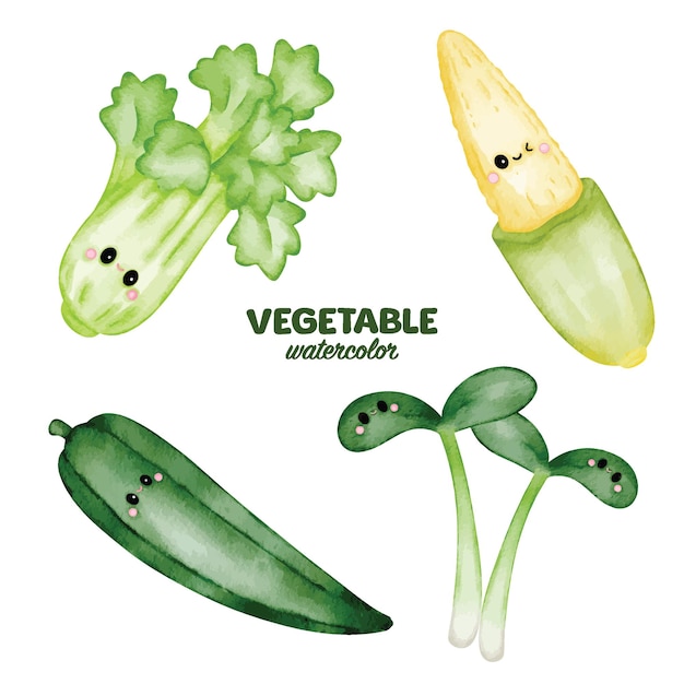 Vettore acquerello vegetale clip art elemento simpatico personaggio baby mais mais sedano germogli di girasole gombo