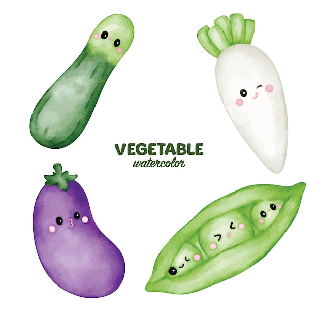 Vettore elemento di clip art vegetale dell'acquerello simpatico personaggio daikon ravanello cetriolo zucchine pisello melanzana