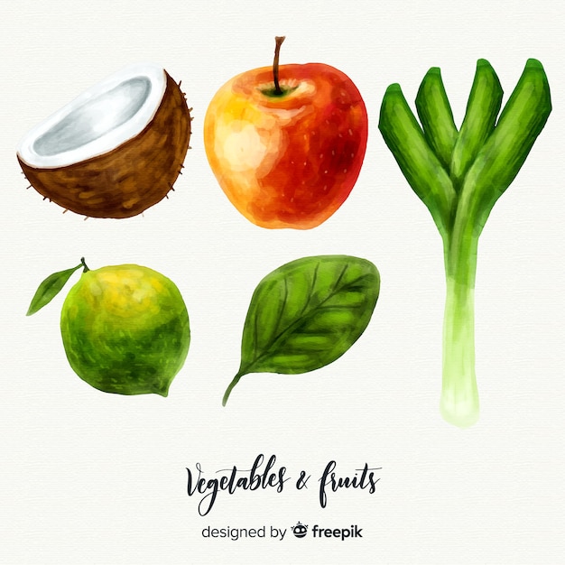 Watercolor vegetables and fruits background