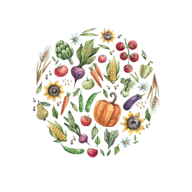 Vector watercolor vegetables and fruits logo