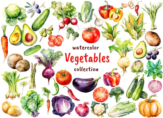 Vector watercolor vegetables and lettuce collection hand drawn fresh food design elements isolated on white background