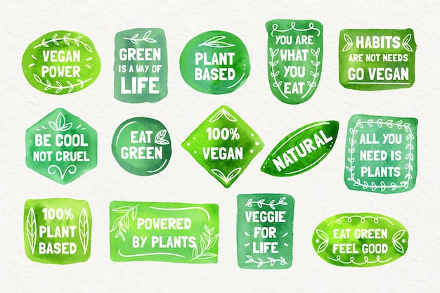 Vector watercolor vegetarian badge collection