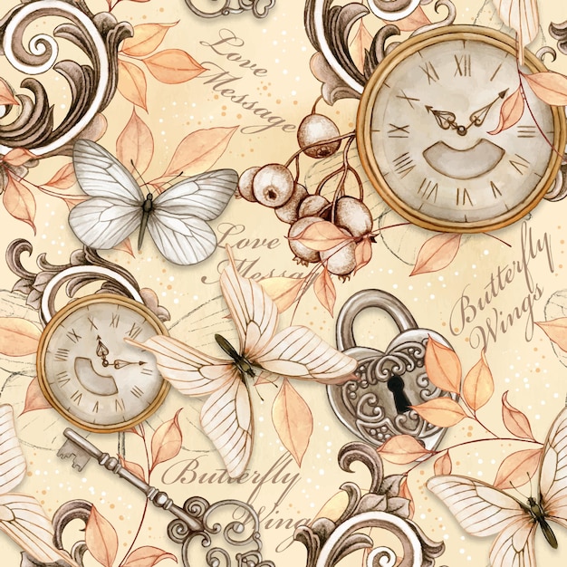 Vector watercolor victorian shabby chic vintage steampunk seamless pattern