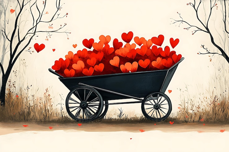 Vector watercolor vintage blue wheelbarrow overflowing with red hearts