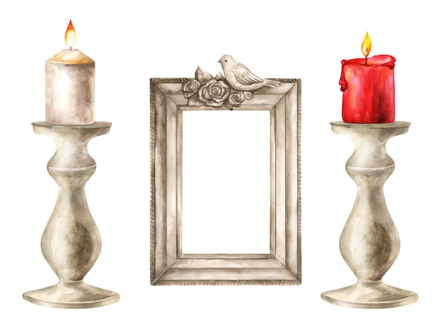 Watercolor vintage candlesticks and frame with decorative pattern