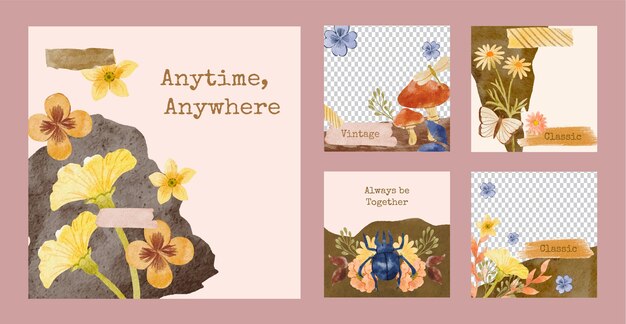 Vector watercolor vintage collage instagram posts collection