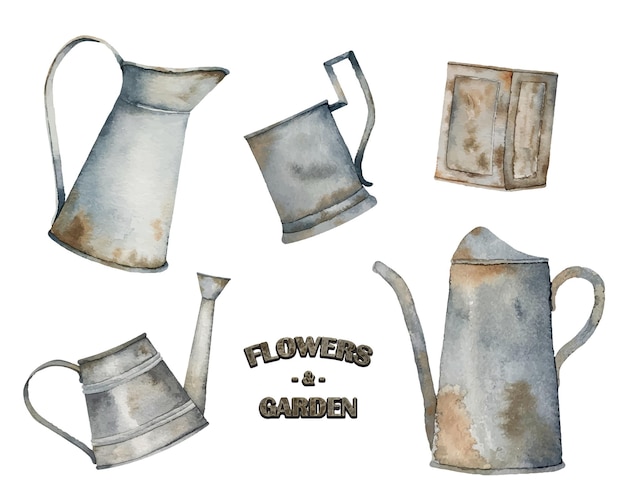 Watercolor vintage gardening rusty watering cans and iron elements