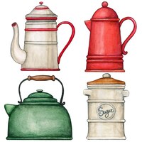 Vector watercolor vintage kettle and coffee and tea pots collection with sugar pot
