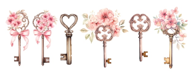 Watercolor vintage keys and locks with flowers Valentines day illustration