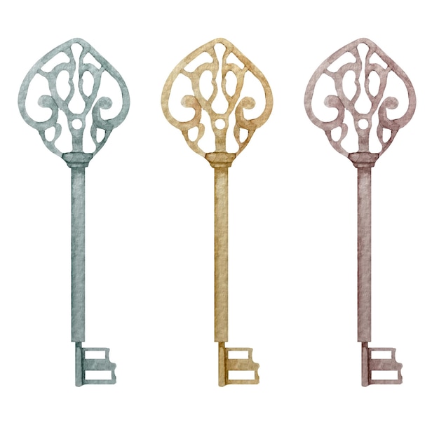 Watercolor vintage keys set Hand drawn retro illustration of gold bronze and silver keys