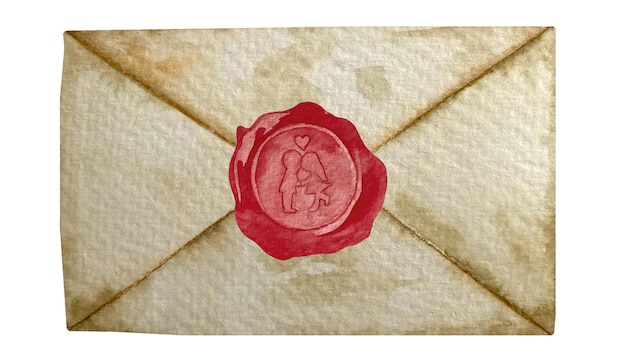 Watercolor vintage mail envelope letter with red wax seal Old letter