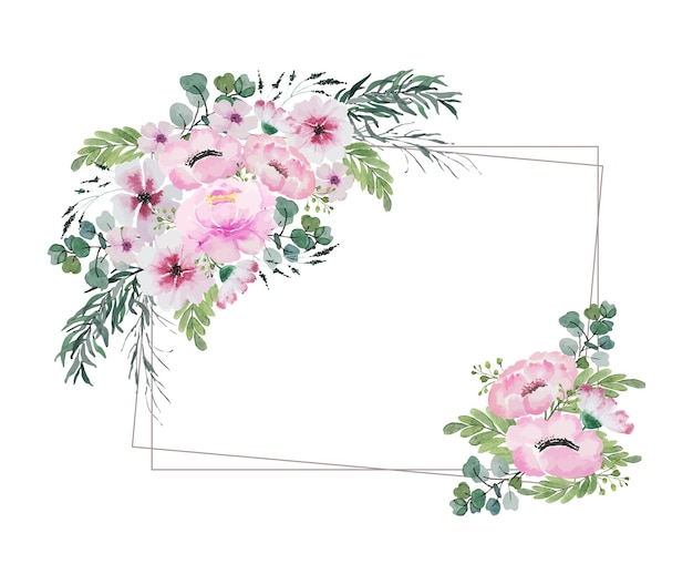 Watercolor vintage pink flowers bouquet and green leaves at the corner of double wire rectangular frame