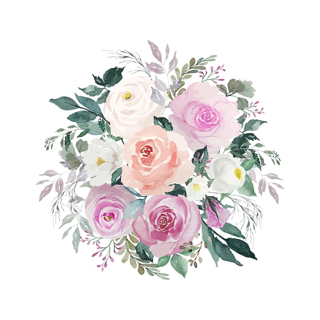 Watercolor vintage pink and white flowers bouquet