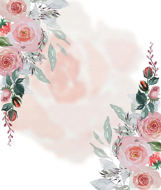 カードの装飾のための柔らかいバラの花びらの背景を持つ水彩画のヴィンテージの赤いバラと緑の葉