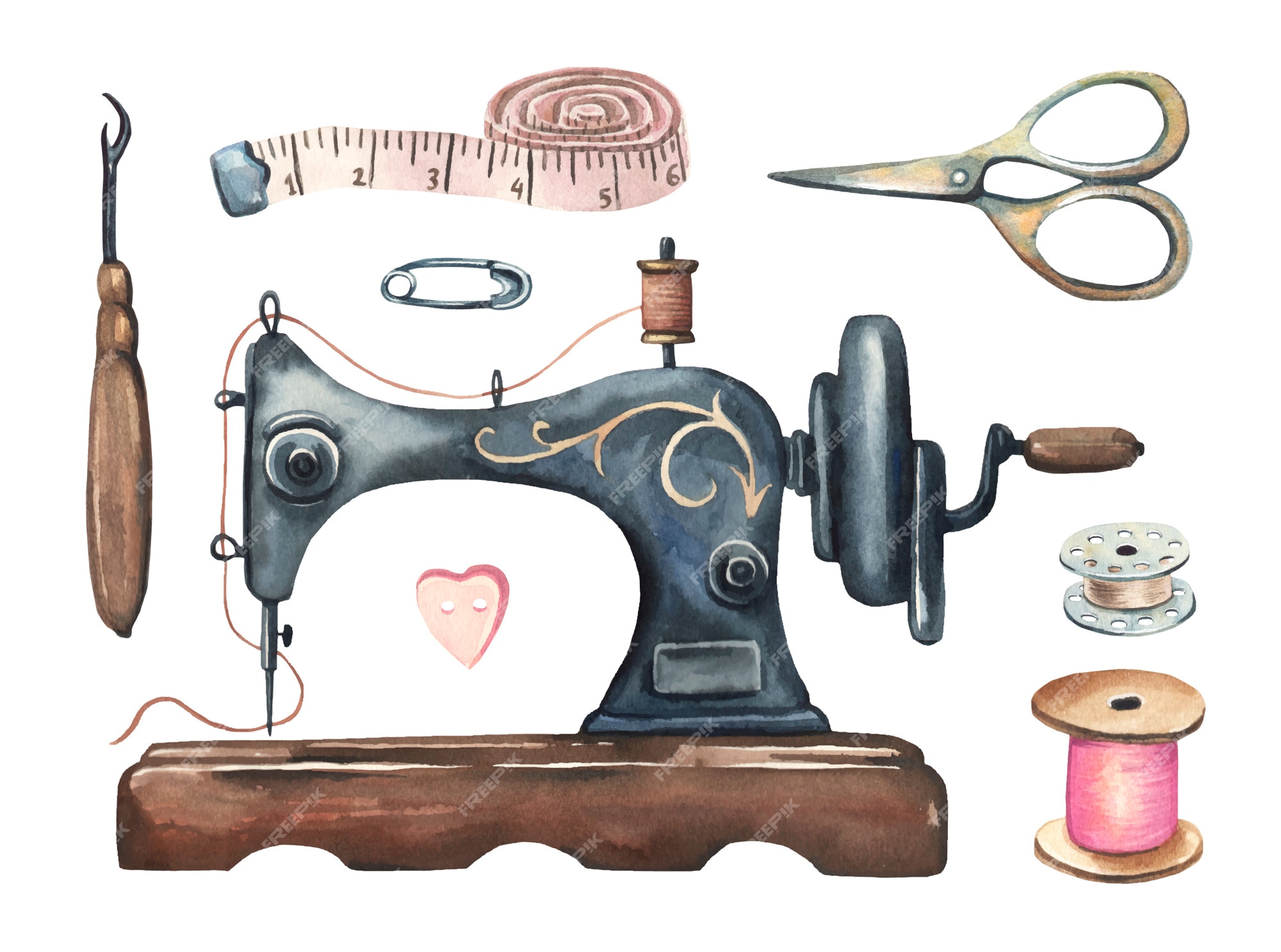 Premium Vector | Watercolor vintage sewing set.