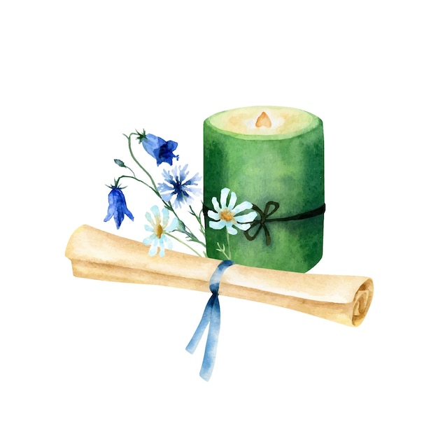 Watercolor vintage swirl with blue ribbon burning candle and wild flowers isolated