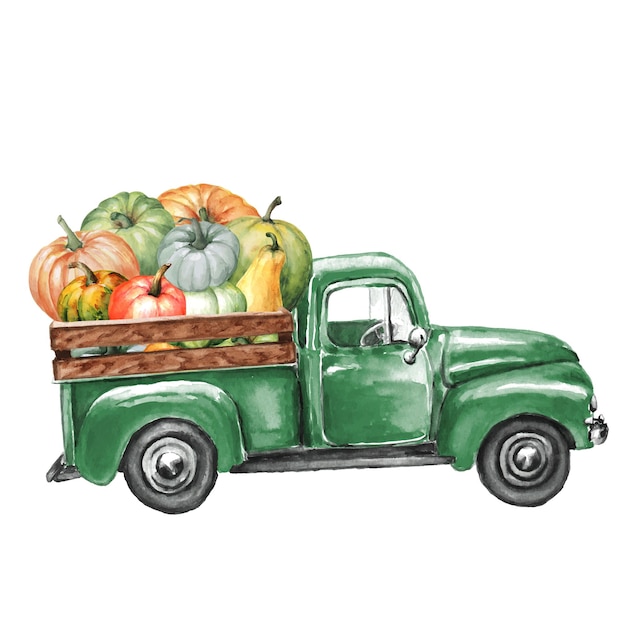 Watercolor vintage truck with pumpkins