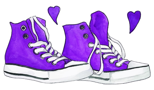Акварель фиолетово-фиолетовые кроссовки пара обуви сердца любят изолированный вектор