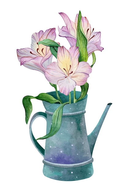 Watercolor watering can with flowers