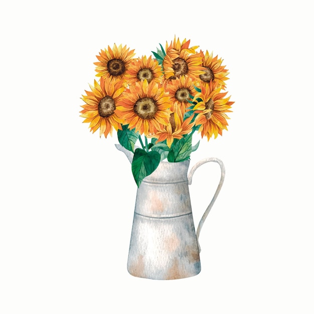 Watercolor watering can with sunflowers