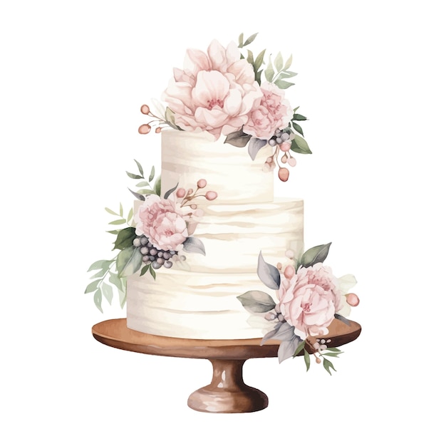 Vector watercolor wedding cake with floral arrangements on wood stand illustration