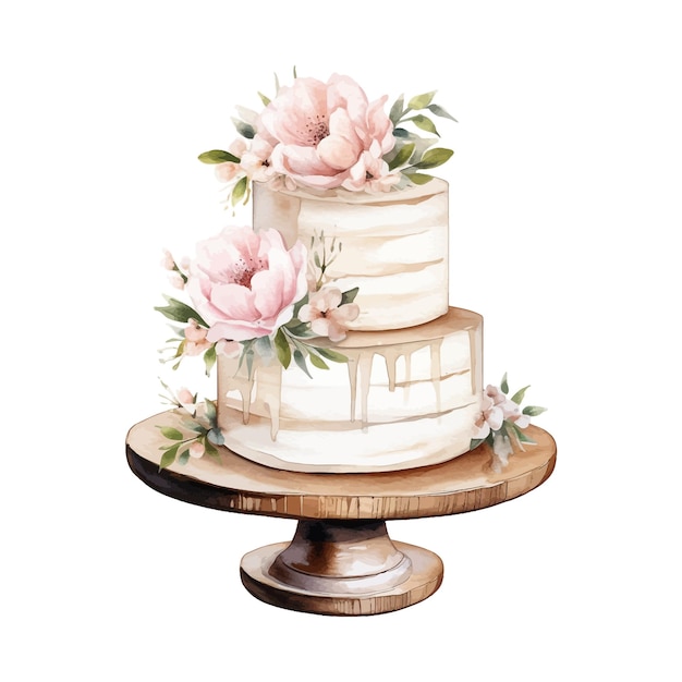 Watercolor wedding cake with floral arrangements on wood stand illustration