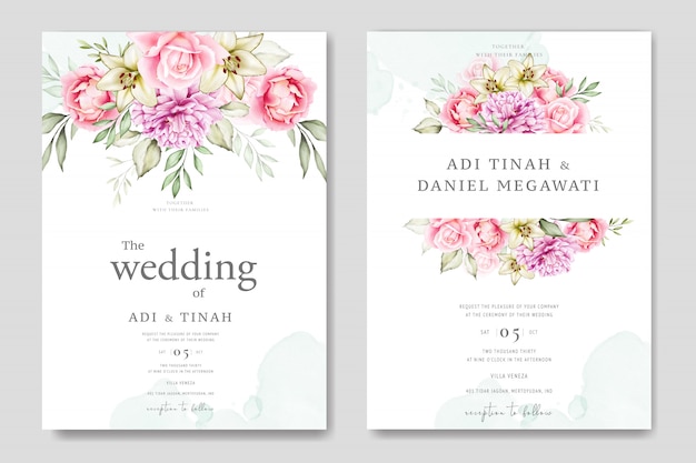 Vector watercolor wedding card set template with beautiful floral and leaves