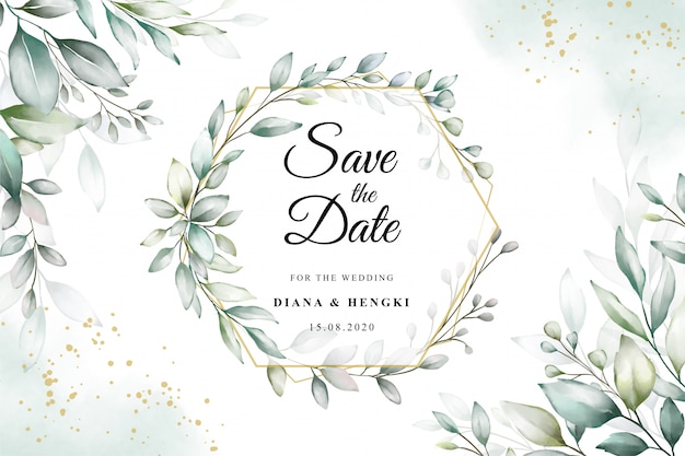 Watercolor on wedding card template with elegant greenery