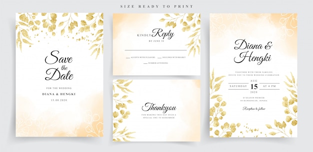 Vector watercolor on wedding card with gold eucalyptus