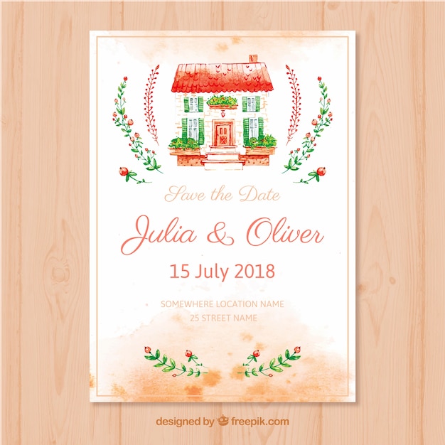 Watercolor wedding card with lovely house