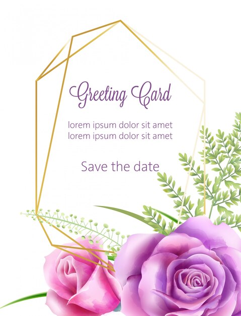 Акварель свадебная открытка с розовыми цветами и зелеными листьями