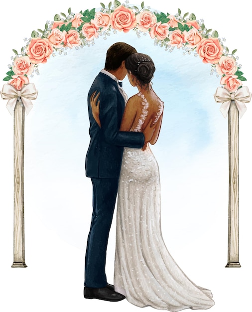 Sposi dell'acquerello che si abbracciano sotto l'arco della rosa di nozze
