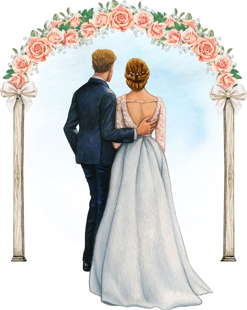 Vettore sposi dell'acquerello che si abbracciano sotto l'arco della rosa di nozze