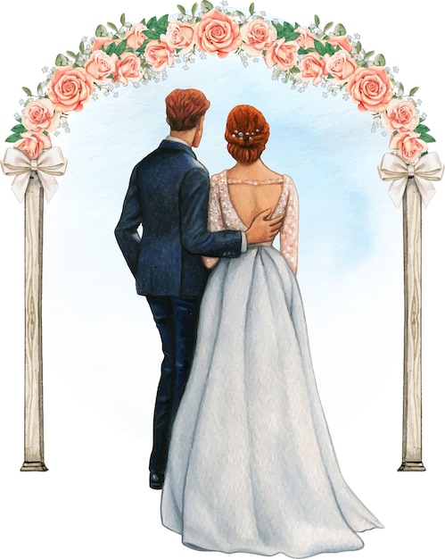 Vector watercolor wedding couple embracing under wedding rose arch