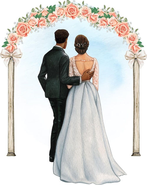 Акварельная свадебная пара обнимается под свадебной аркой из роз