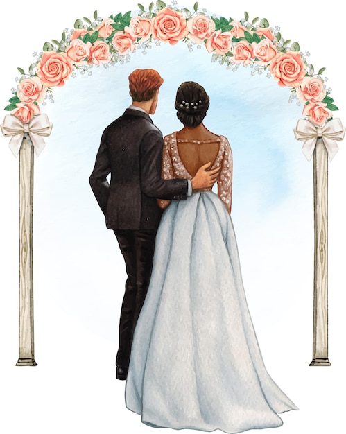 Watercolor wedding couple embracing under wedding rose arch