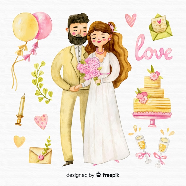 Watercolor wedding couple with ornaments