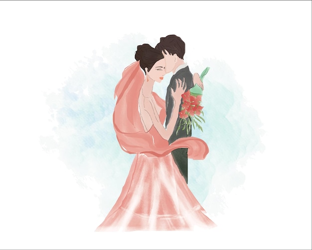 Vector watercolor wedding couples with bride and groom