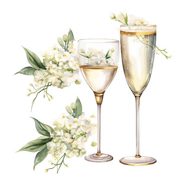 Watercolor wedding drinks set champagne glasses gold wedding rings and flowers