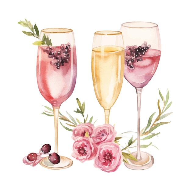 Watercolor wedding drinks set champagne glasses gold wedding rings and flowers