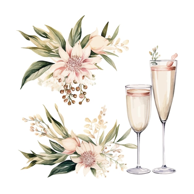 Watercolor wedding drinks set champagne glasses gold wedding rings and flowers