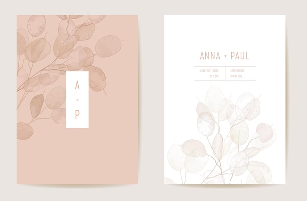 watercolor wedding dry honesty flower invitation. floral boho lunaria illustration card. botanical save the date template vector, foliage cover, modern poster, trendy design, luxury background