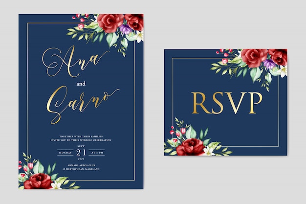 수채화 결혼식 꽃 초대 카드 템플릿입니다. 날짜를 저장하십시오. Rsvp