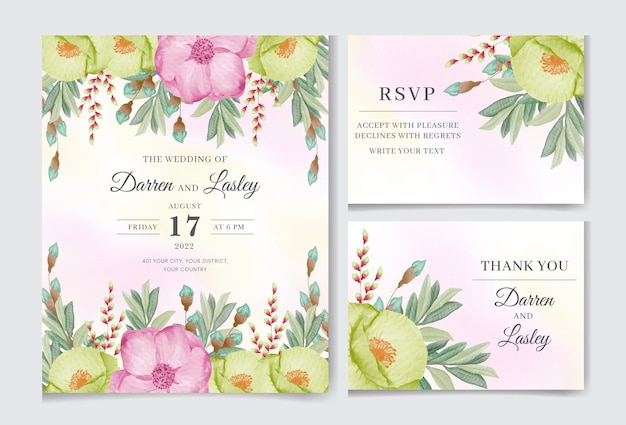 Watercolor wedding  floral invitation card with flowers and leaves template