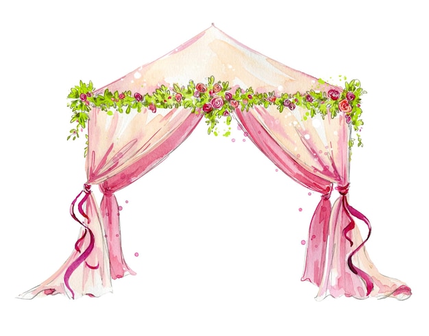 Vector watercolor wedding gazebo tent with roses decoration, romantic setting for event