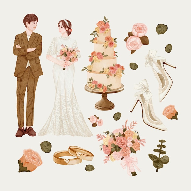 Vector watercolor wedding illustration elements