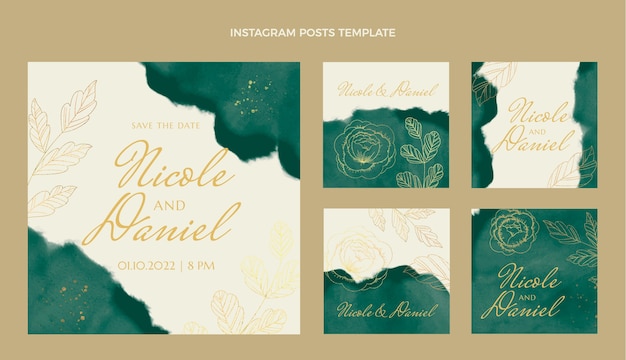 Vector watercolor wedding instagram posts collection