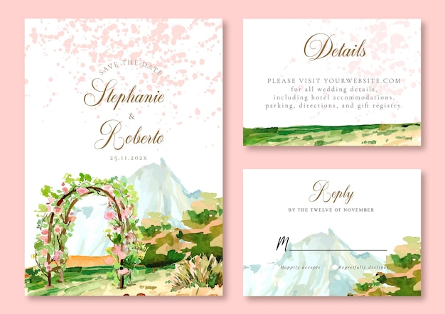 Vector watercolor wedding invitation of blue misty mountain and floral in the garden